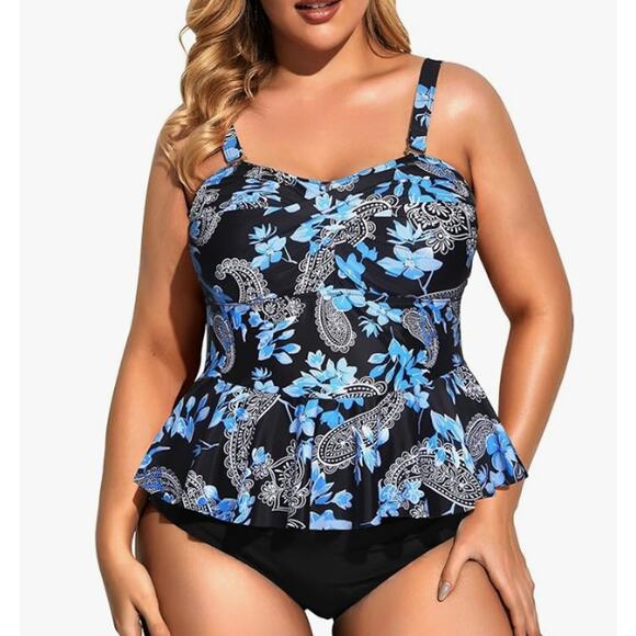 Daci Plus Front Twist Peplum Hem Tankini Swimsuit Top NWT Size 16W - Picture 1 of 10